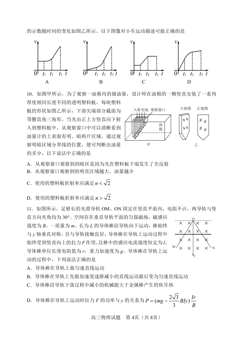 山东省淄博市2021届高三年级下学期3月一模考试物理试题 PDF版含答案