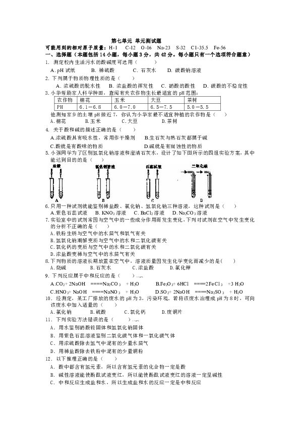 鲁教版化学九年级全册第七单元常见的酸和碱  测试题