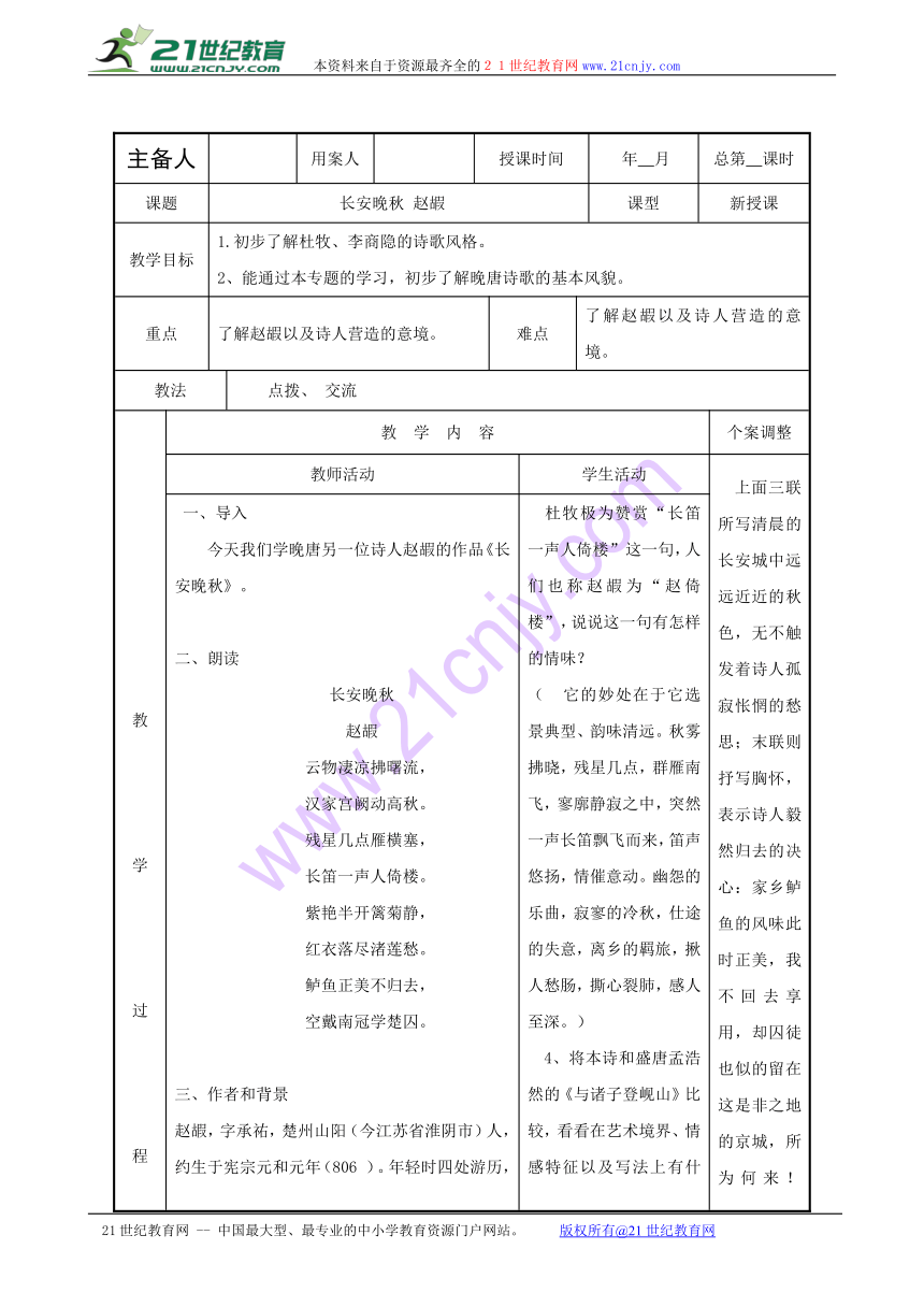 江苏省新沂市第二中学《唐诗宋词选读》同步备课 专题6：长安晚秋