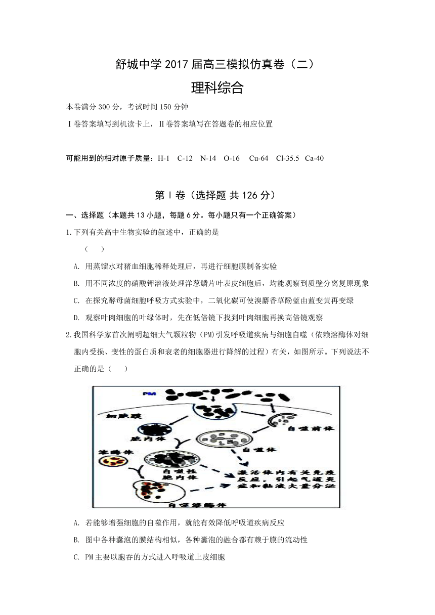 安徽省舒城中学2017届高三仿真（二）理科综合试题 Word版含答案