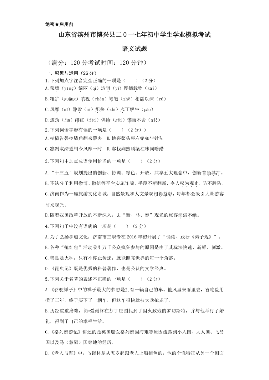 山东省滨州市博兴县2017年初中毕业生学业水平模拟考试语文试题