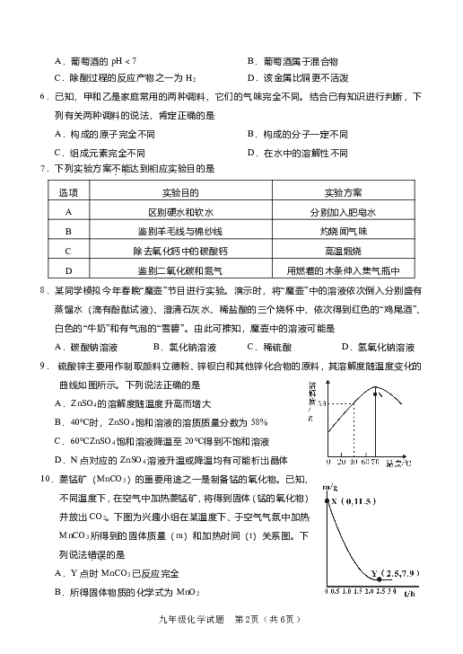 福建省龙岩市2019年九年级学业（升学）质量检查化学试题（PDF版含答案）