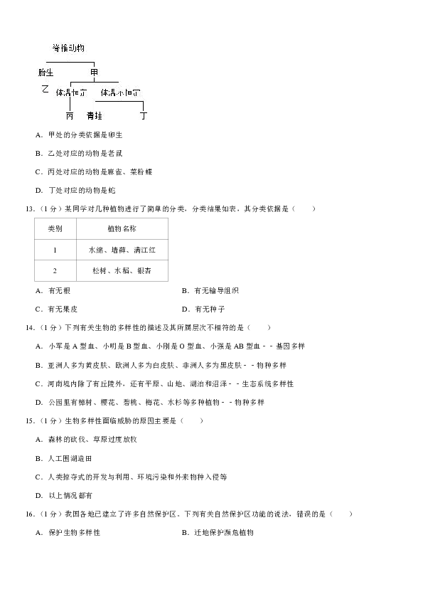 2019-2020学年河南省周口市鹿邑县八年级（上）期中生物试卷