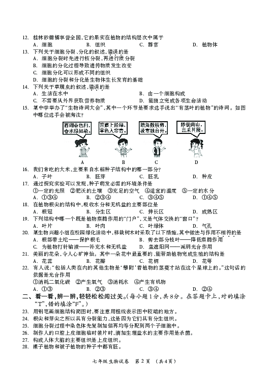 广西桂林市2018-2019学年七年级上学期期末考试生物试题（PDF版，无答案）