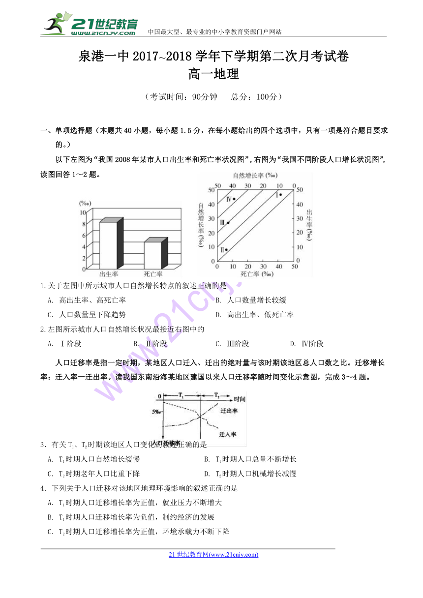 福建省泉州市泉港区第一中学2017-2018学年高一下学期第二次月考试题（5月） 地理 Word版含答案