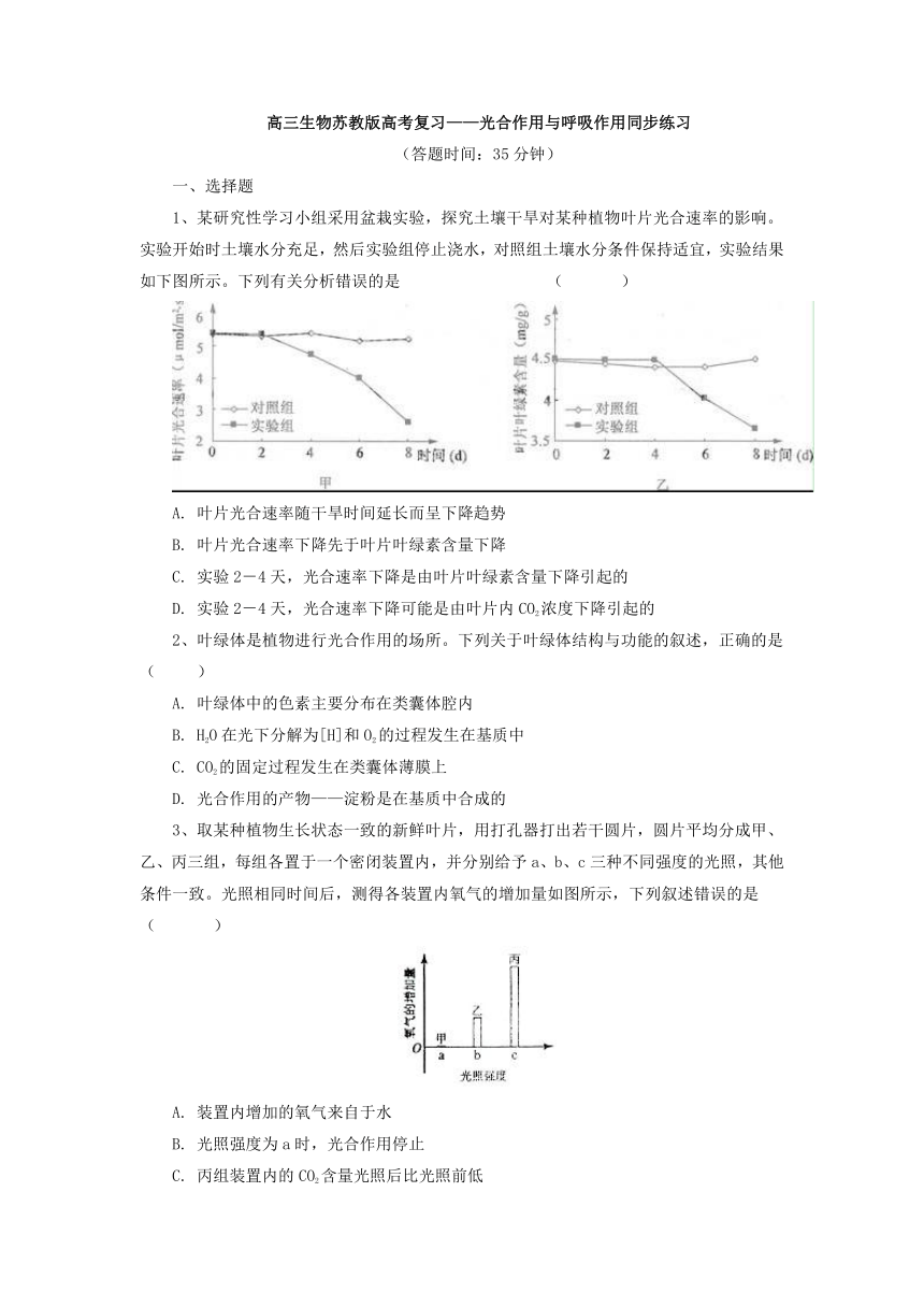 高三生物高考复习（苏教版）-光合作用与呼吸作用同步练习附答案