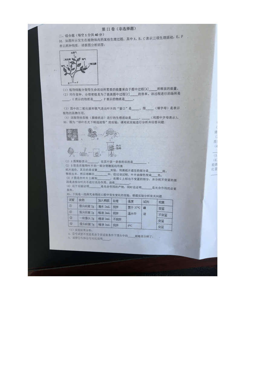 内蒙古巴彦淖尔市乌拉特前旗四中2017—2018第二学期七年级生物下册4月月考试卷（图片版，有答案）