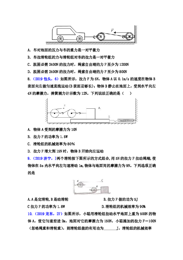 2019年中考物理试题分类汇编 水平方向滑轮组问题专题  含答案
