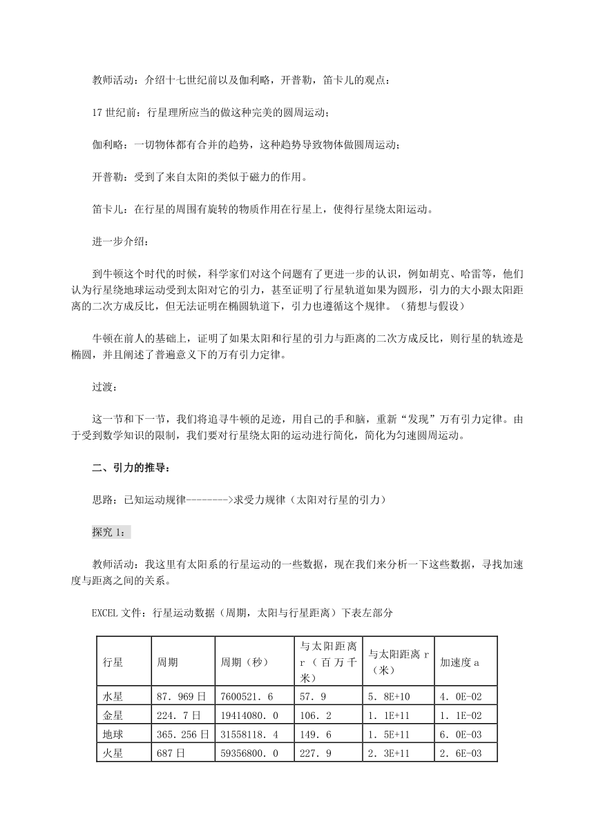 人教版物理必修二6.2《太阳与行星间的引力》教学设计