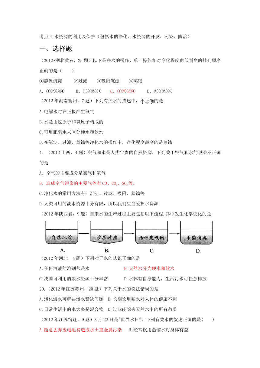 2012年中考化学试题汇编考点4 水资源的利用及保护（包括水的净化、水资源的开发、污染、防治）