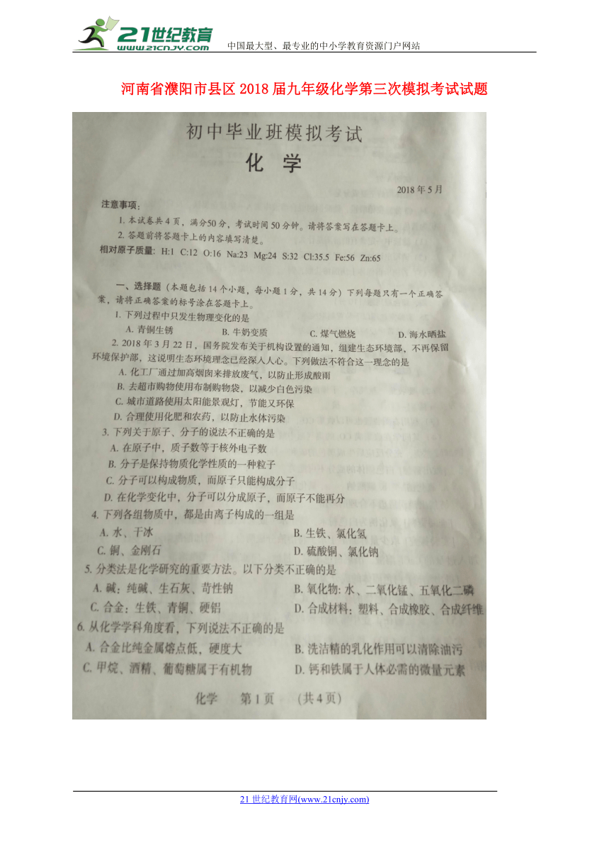 河南省濮阳市县区2018届九年级化学第三次模拟考试试题（扫描版）
