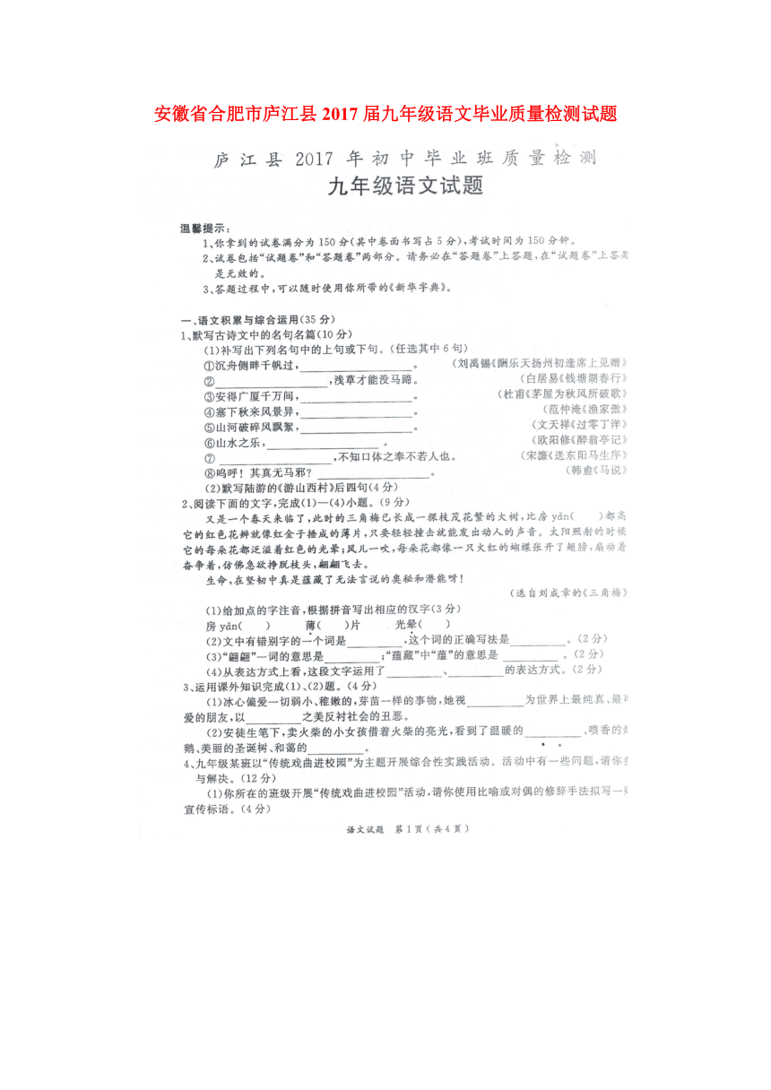 安徽省合肥市庐江县2017届九年级语文毕业质量检测试题（扫描版）