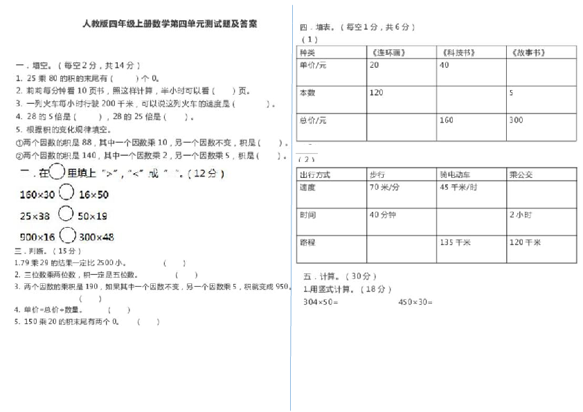 人教版四年级数学第四单元试卷（图片版无答案）