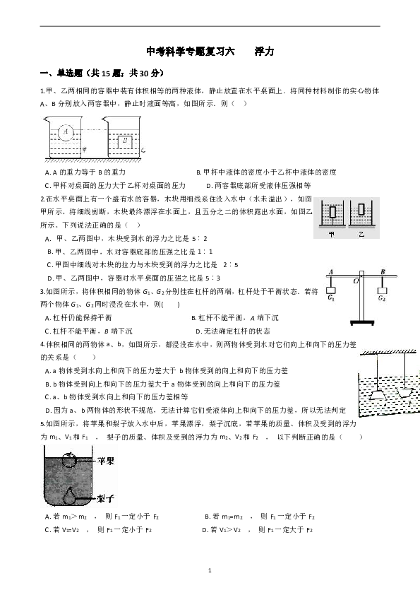 中考科学专题复习六 浮力