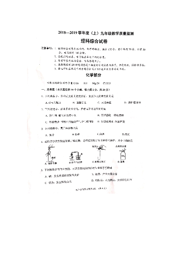 2018—2019学年（上）四川南充阆中九年级教学质量监测理科综合试卷化学部分(图片+答案）