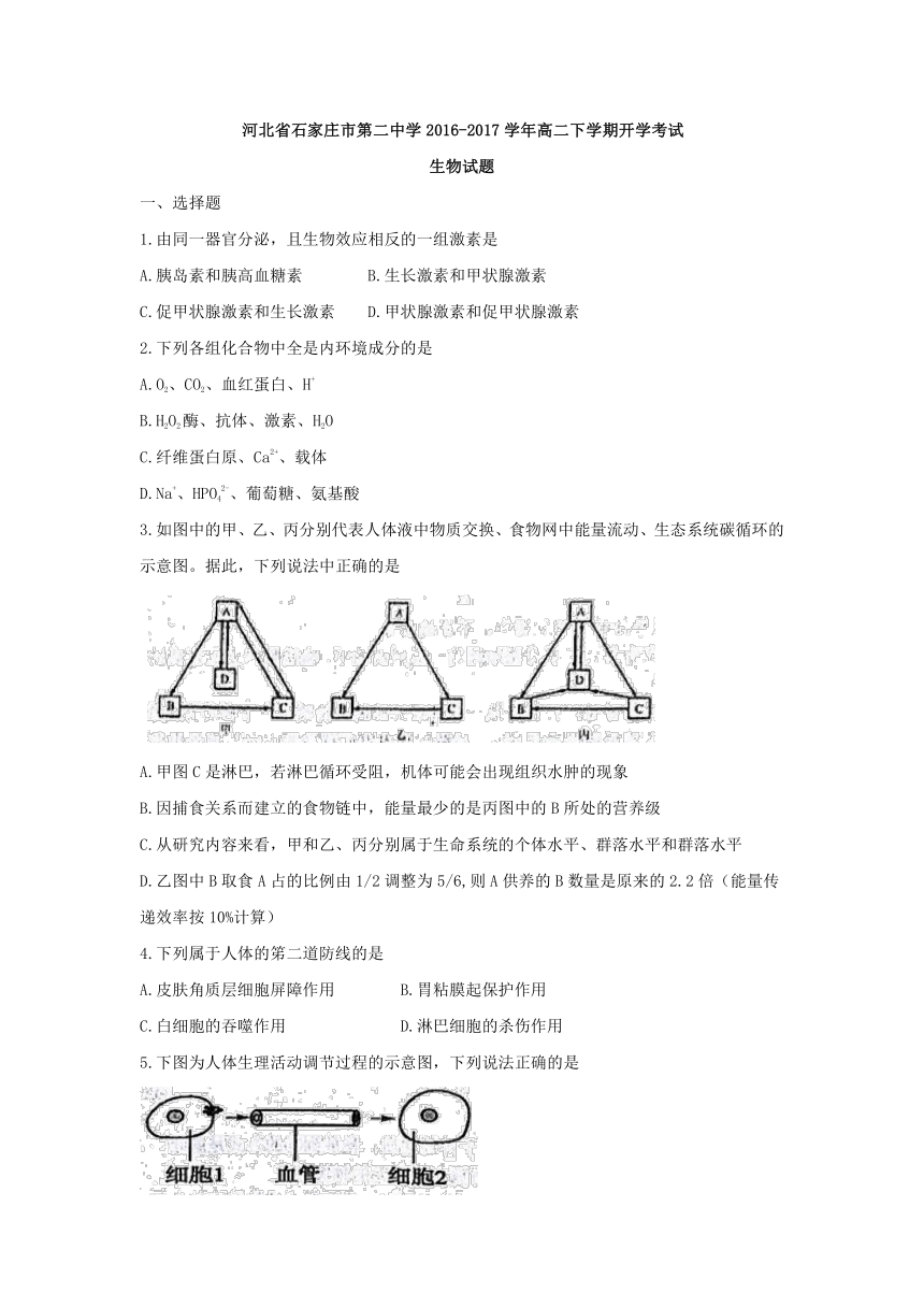 河北省石家庄市第二中学2016-2017学年高二下学期开学考试生物试题 Word版含答案