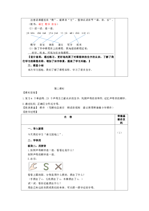 小学语文部编版一年级上册 语文园地二（表格式教案）+反思（3课时）