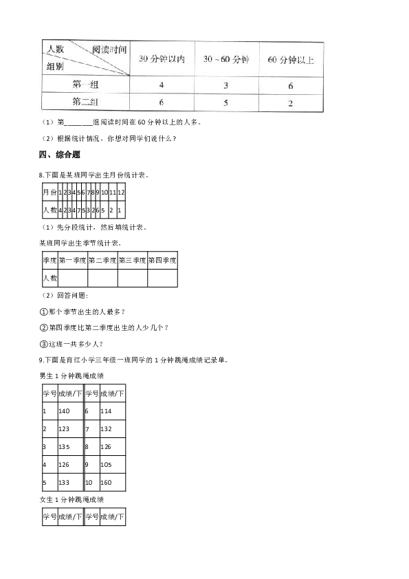 三年级下册数学单元测试-5.数据的收集和整理 冀教版（含解析）