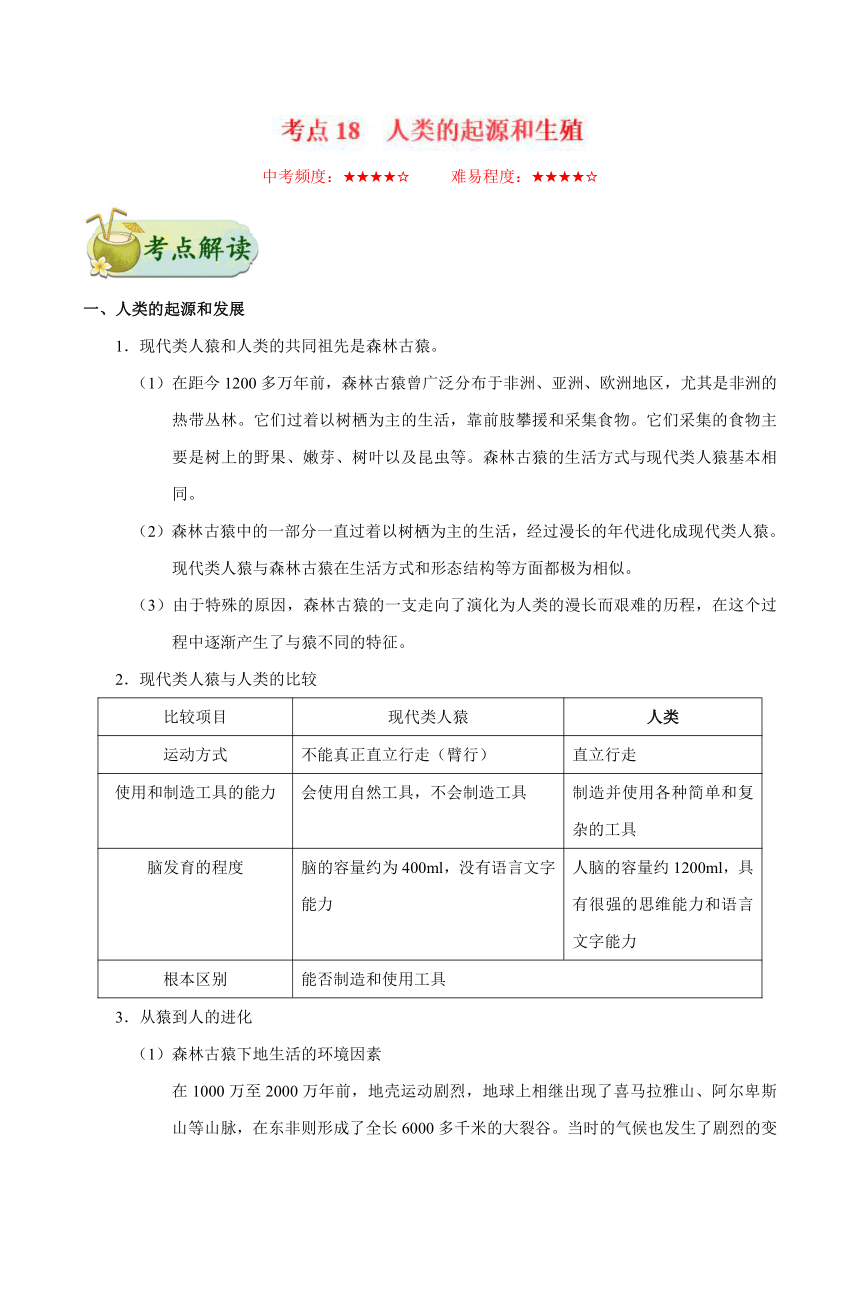 考点18 人类的起源和生殖-备战2018年中考生物核心考点全突破