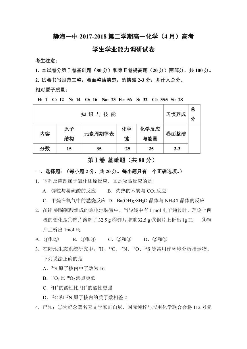 天津市静海县第一中学2017-2018学年高一4月学生学业能力调研测试化学试题（高考类）+Word版含答案