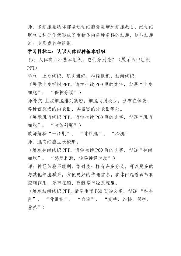 初中生物 人教版 七年级上册 第二章  第二节 动物体的结构层次教学设计