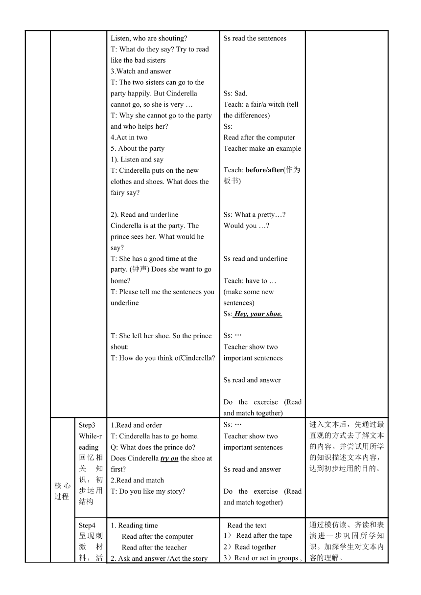 Unit 1 Cinderella 表格式教案（4个课时）