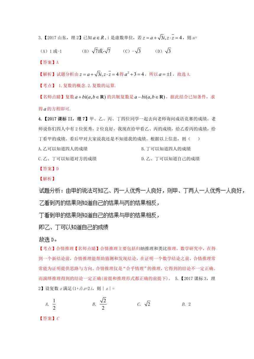 2017年高考数学（理）试题分项版解析：专题08 复数算法推理选讲