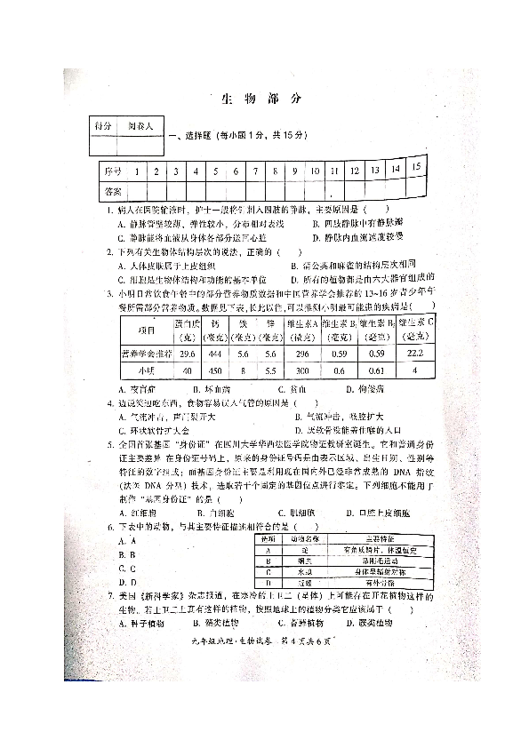 江西省吉安市吉州区2019届九年级上学期期末考试生物试题（扫描版）