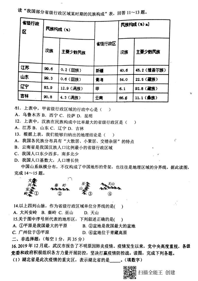 山东省新泰市西部联盟2020-2021学年第一学期七年级地理（五四学制）第一次联考试卷（扫描版，无答案）