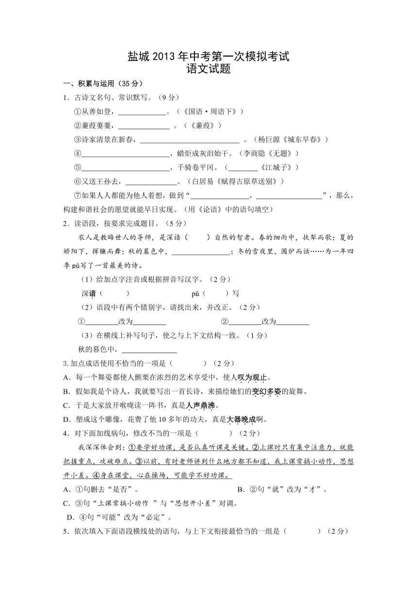 江苏省盐城市2013届中考第一次模拟考试语文试题