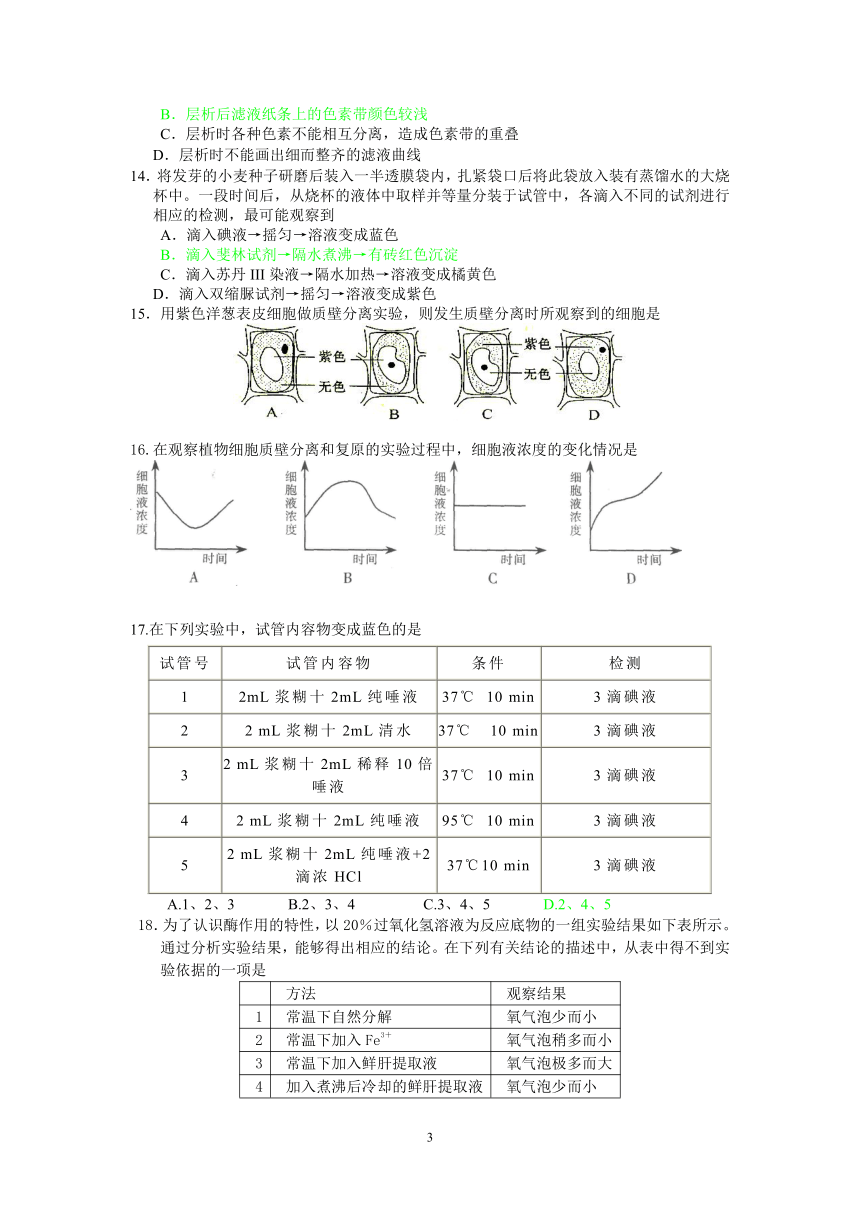 厦门双十中学2007届12月高三年级高中生物实验专题调研卷（必修第一册）[上学期]