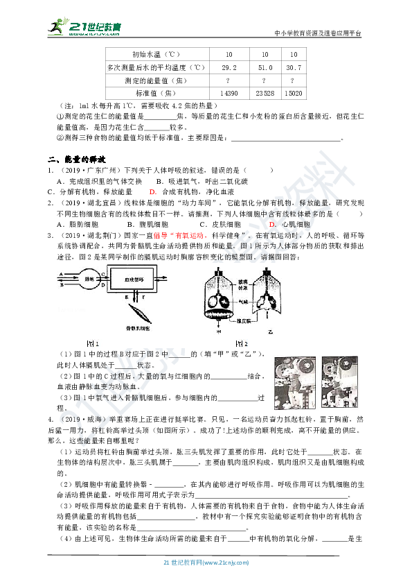 第二节  人体内能量的利用 真题分类试卷（含答案）