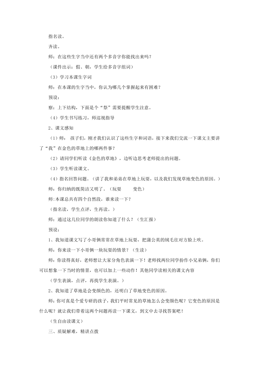 人教版（新疆专用）四年级下同步教案《金色的草地》