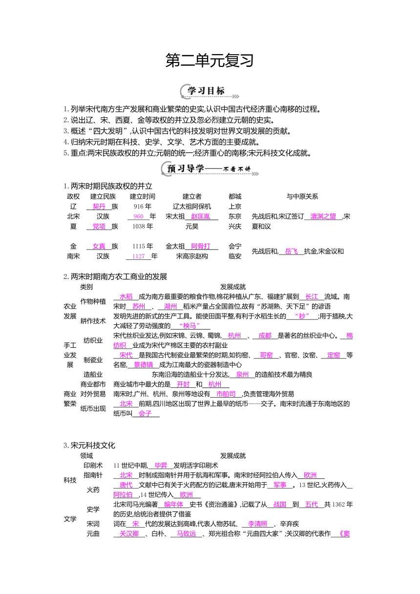 中华书局版七年级历史下册第二单元《单元复习》导学案