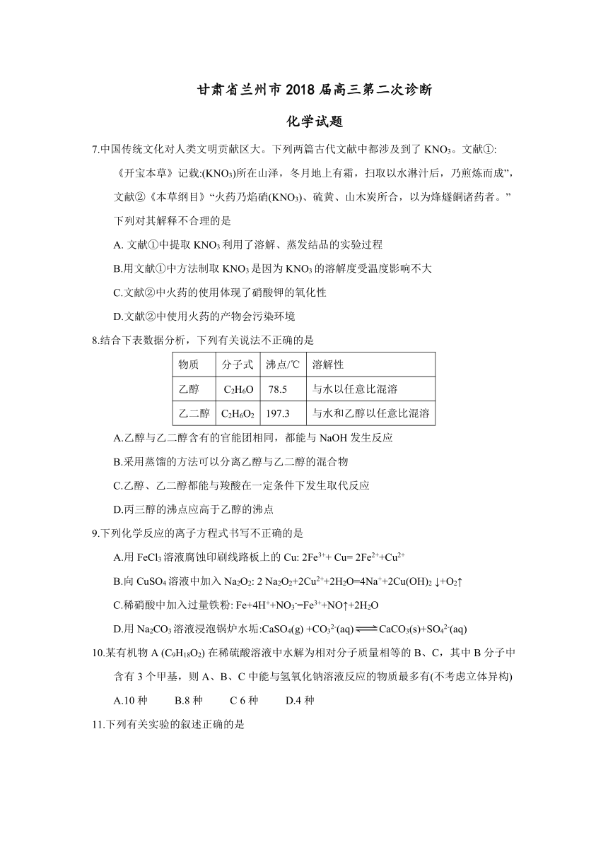 甘肃省兰州市2018届高三下学期4月实战考试（二模）化学试题