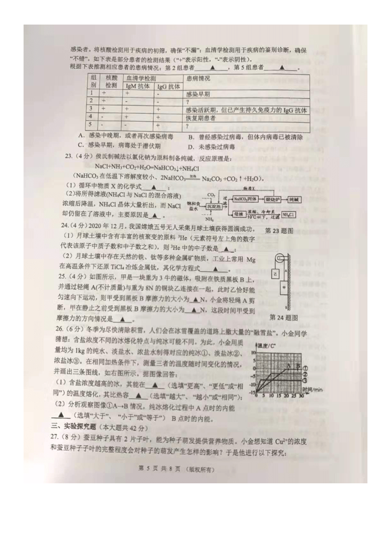 浙江省杭州市江干区2020-2021学年第二学期九年级科学第二次模拟考试试题（图片版，含答案）