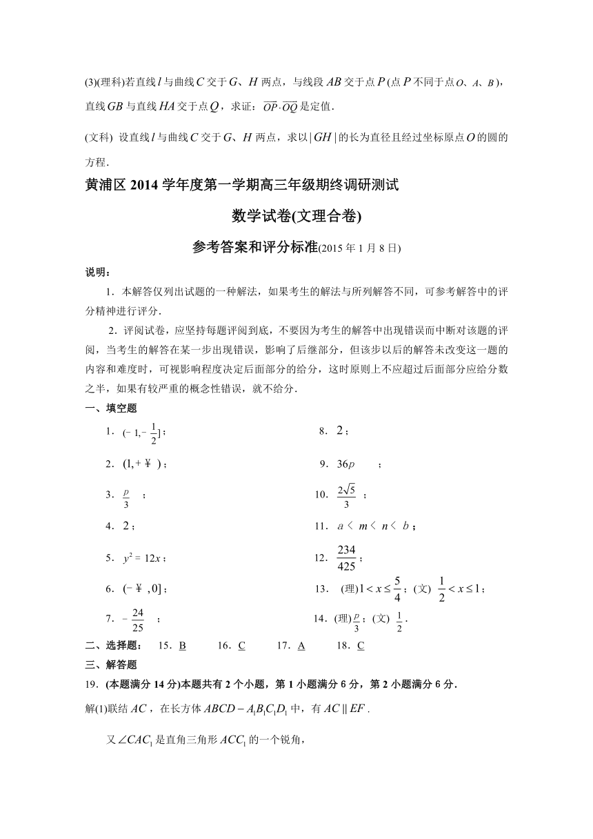 上海市黄浦区2015届高三上学期期终调研测试（一模）数学试题