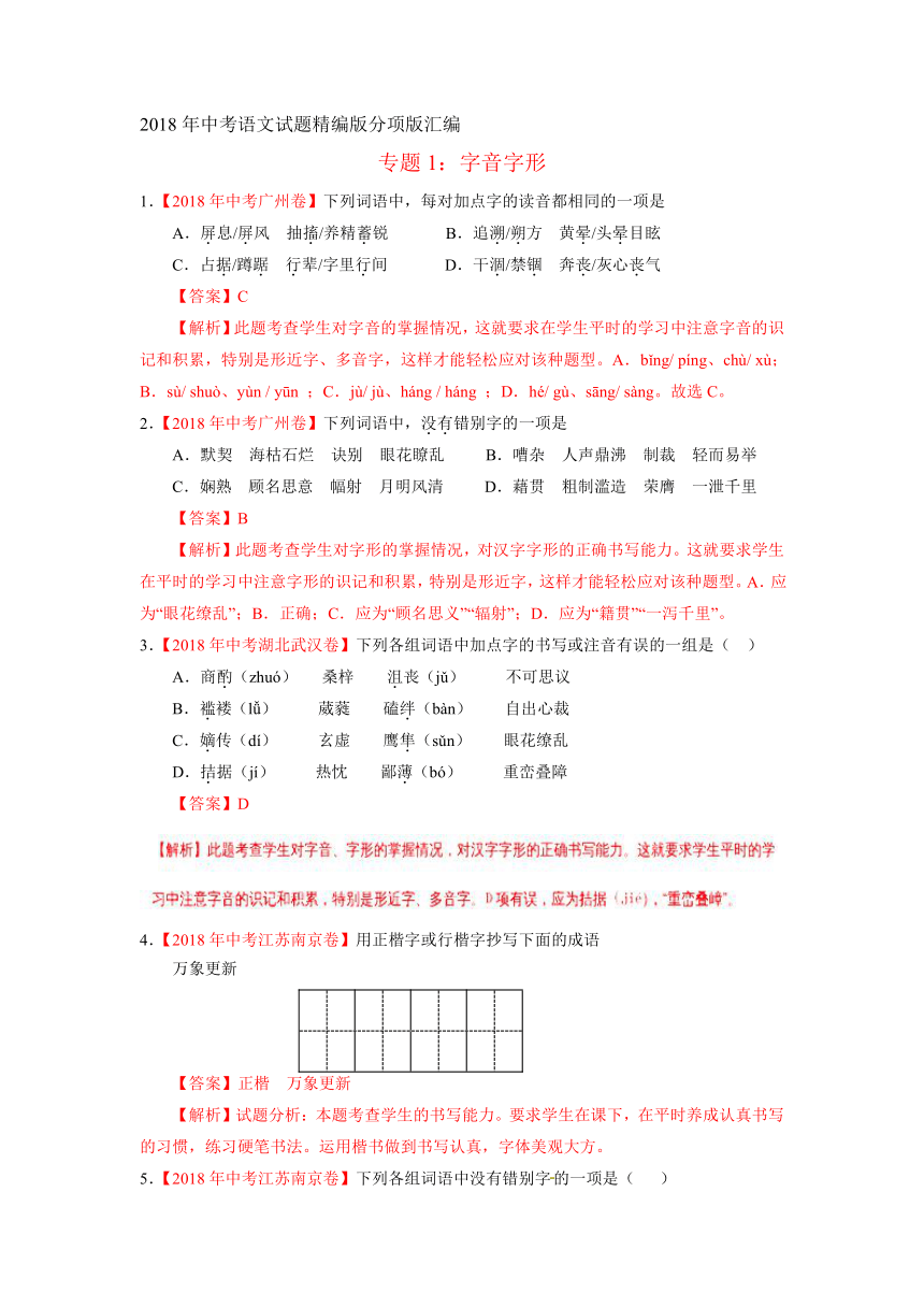 2018年中考语文试题精编版分项版汇编专题1：字音字形