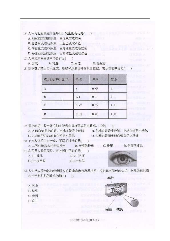 广东省潮州市湘桥区2019-2020学年七年级下学期期末考试生物试题（图片版含答案）