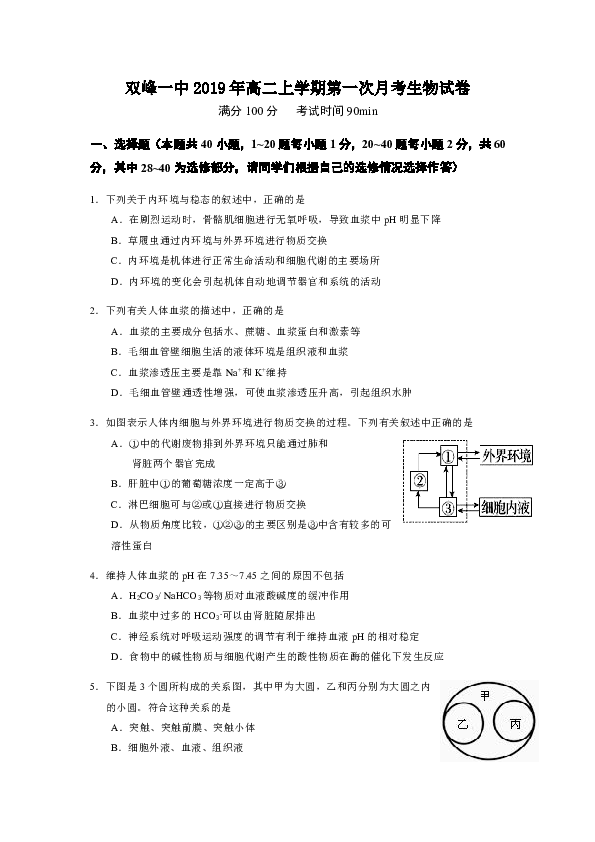 湖南省双峰县第一中学2018-2019学年高二下学期第一次月考生物试题