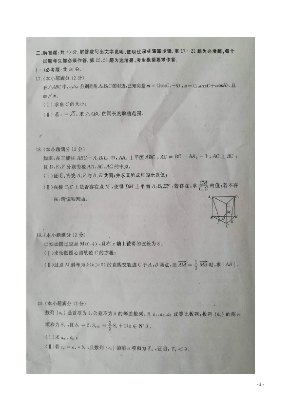 江西省吉安市2020届高三上学期期末教学质量检测数学（理）试题 扫描版无答案