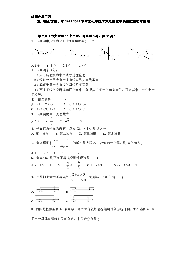 四川营山西桥小学2018-2019学年度七年级下期数学期末教学质量监测试卷（无答案）