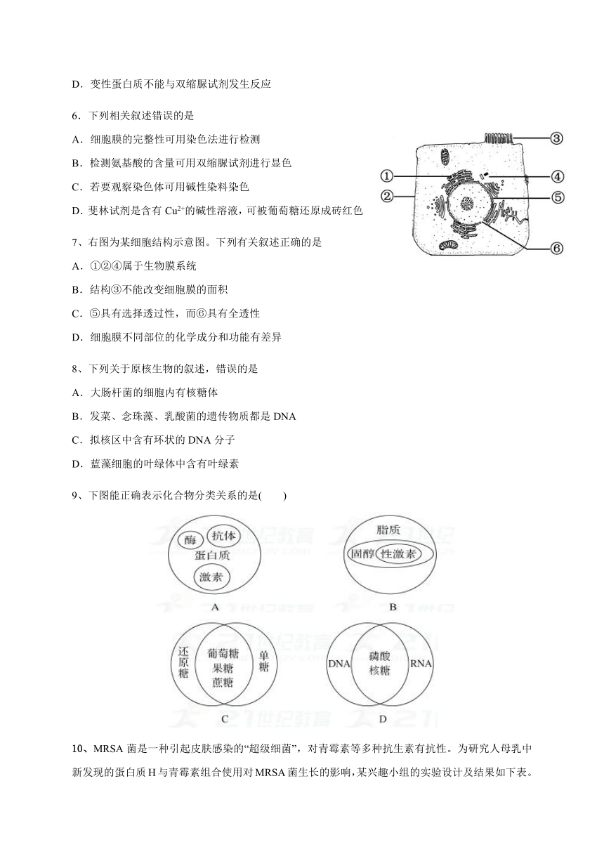 广东省深圳市翠园中学2017-2018学年高一上学期期中考试生物试题