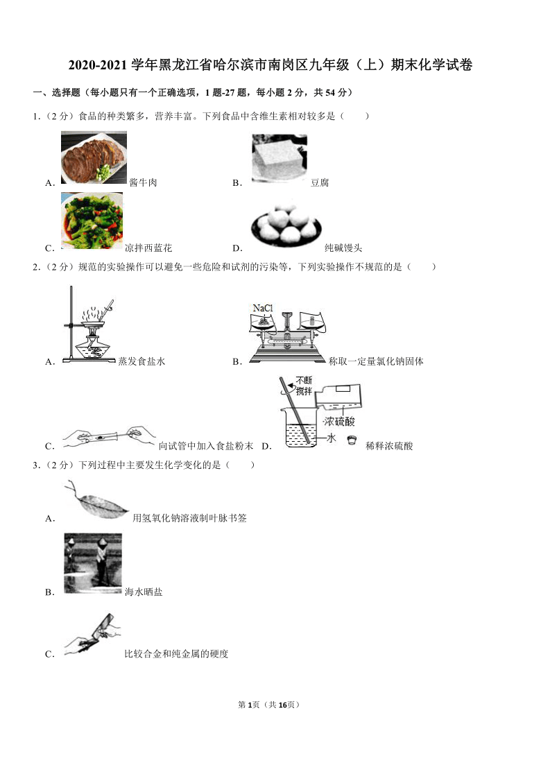 2020-2021学年黑龙江省哈尔滨市南岗区九年级（上）期末化学试卷(解析版）