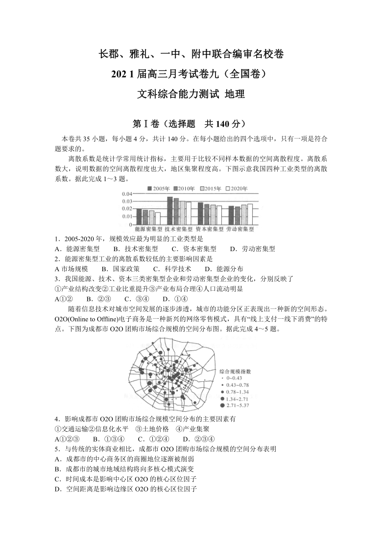 湖南省四校联合编审名校卷2021届高三下学期5月月考文综地理试卷九（全国卷） Word版含答案部分解析