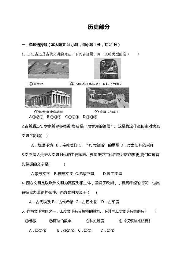 2019--2020学年九年级上学期期中考试历史试题（含答案）