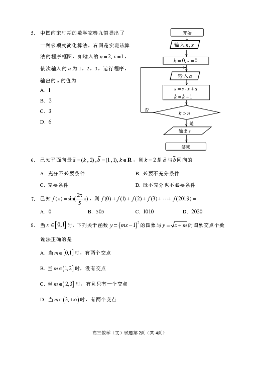 北京市石景山区2019届高三3月统测（一模）数学文试题