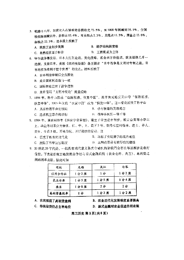 山东省潍坊市2020届高三上学期期末考试历史试题（ 扫描版，含答案）