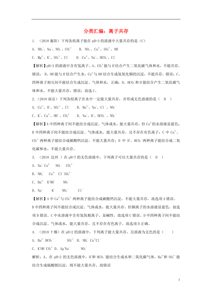 2018中考化学题分类汇编离子共存（含解析）