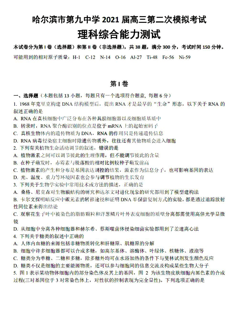 黑龙江省哈尔滨市第九中学2021届高三下学期3月第二次模拟考试理科综合试题 PDF版含答案